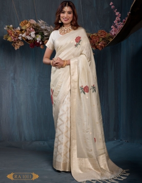 Ivory Elegance: Rose Motif Viscose Jacquard Saree