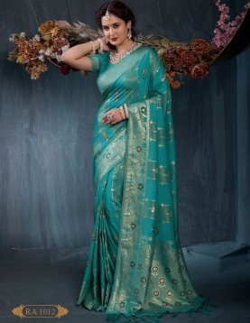 Teal Radiance: Ornate Gold Weave Viscose Jacquard Saree