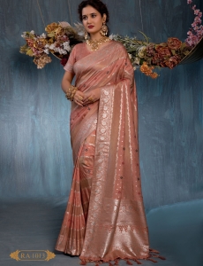 Rose Gold Glow: Shimmering Peach Viscose Jacquard Saree