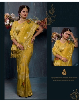Radiant Mustard Viscose Jacquard Saree with Floral Butis