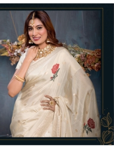 Ivory Elegance: Rose Motif Viscose Jacquard Saree