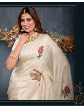 Ivory Elegance: Rose Motif Viscose Jacquard Saree