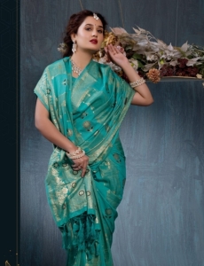 Teal Radiance: Ornate Gold Weave Viscose Jacquard Saree