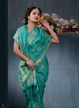 Teal Radiance: Ornate Gold Weave Viscose Jacquard Saree