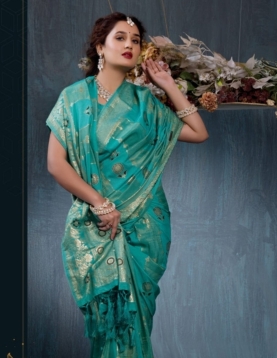 Teal Radiance: Ornate Gold Weave Viscose Jacquard Saree