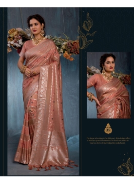 Rose Gold Glow: Shimmering Peach Viscose Jacquard Saree