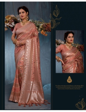 Rose Gold Glow: Shimmering Peach Viscose Jacquard Saree