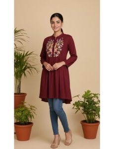 Women’s Maroon Rayon Floral Embroidered Short Kurti 
