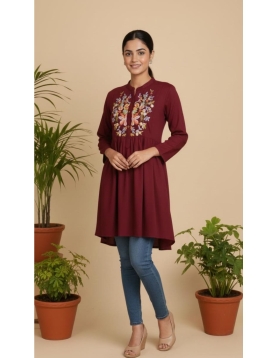Women’s Maroon Rayon Floral Embroidered Short Kurti 