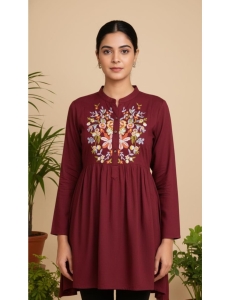 Women’s Maroon Rayon Floral Embroidered Short Kurti 