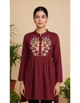 Women’s Maroon Rayon Floral Embroidered Short Kurti 