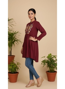 Women’s Maroon Rayon Floral Embroidered Short Kurti 