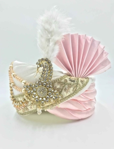 Embroidered Polyester and Satin Turban Safa in Off White and Pink