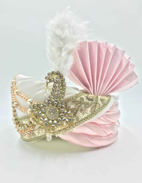 Embroidered Polyester and Satin Turban Safa in Off White and Pink
