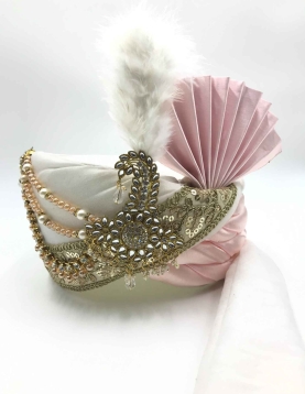 Embroidered Polyester and Satin Turban Safa in Off White and Pink