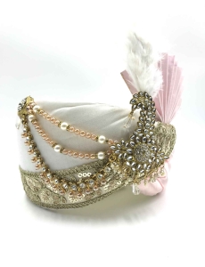 Embroidered Polyester and Satin Turban Safa in Off White and Pink