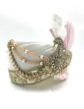 Embroidered Polyester and Satin Turban Safa in Off White and Pink