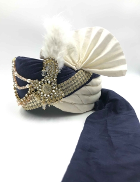 Off White and Blue Embroidered Polyester Turban Safa