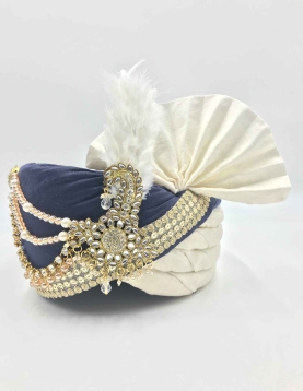 Off White and Blue Embroidered Polyester Turban Safa