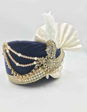 Off White and Blue Embroidered Polyester Turban Safa
