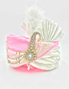 Embroidered Polyester and Satin Turban Safa in Off White and Pink