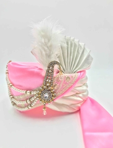 Embroidered Polyester and Satin Turban Safa in Off White and Pink