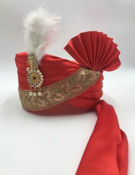 Embroidered Satin Turban Safa in Red