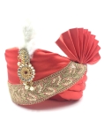 Embroidered Satin Turban Safa in Red