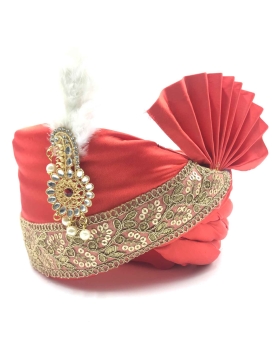 Embroidered Satin Turban Safa in Red