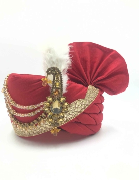 Polyester Silk Wedding Turban in Red and Maroon with Sequence work