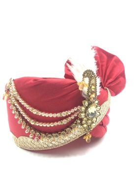 Polyester Silk Wedding Turban in Red and Maroon with Sequence work