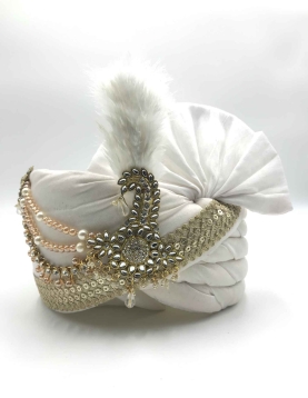 Polyester Silk Wedding Turban in White and Off White with Thread work