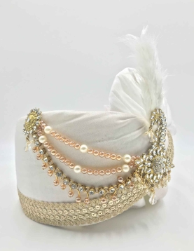 Polyester Silk Wedding Turban in White and Off White with Thread work