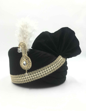 Polyester Silk Wedding Turban in Black with Thread work