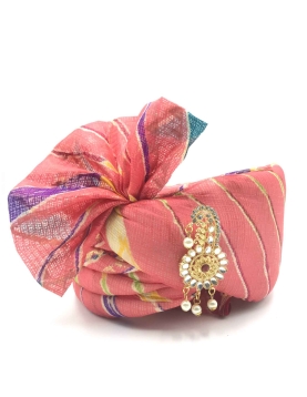Kota Doria Silk Wedding Turban in Pink and Magenta with Printed work
