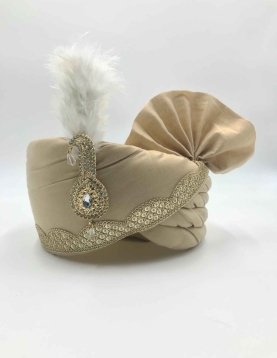 Polyester Silk Wedding Turban in Gold with Thread work