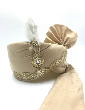 Polyester Silk Wedding Turban in Gold with Thread work