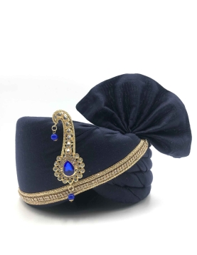 Polyester Silk Wedding Turban in Nevy Blue with Thread work