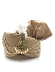 Polyester Silk Wedding Turban in Beige and Gold with Thread work