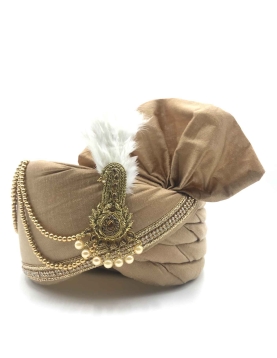 Polyester Silk Wedding Turban in Beige and Gold with Thread work