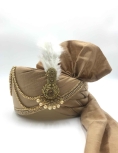 Polyester Silk Wedding Turban in Beige and Gold with Thread work