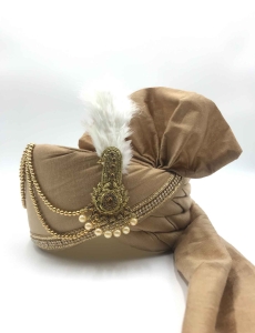 Polyester Silk Wedding Turban in Beige and Gold with Thread work