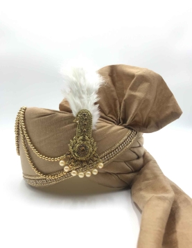Polyester Silk Wedding Turban in Beige and Gold with Thread work
