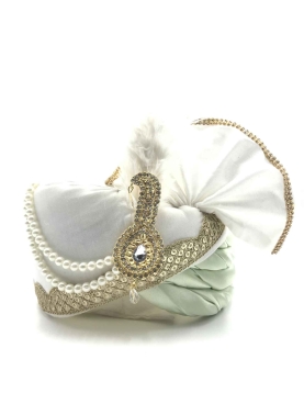 Satin Silk Wedding Turban in Off White with Thread work