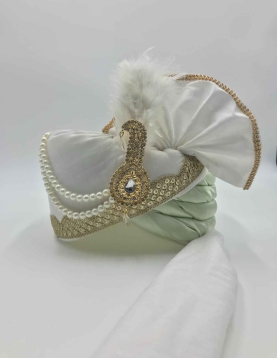 Satin Silk Wedding Turban in Off White with Thread work