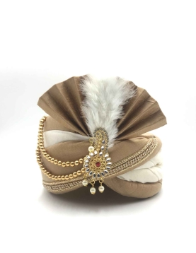 Polyester Silk Wedding Turban in Beige with Sequence work