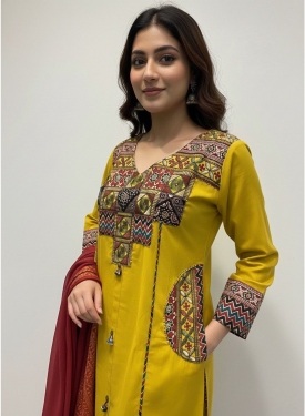 Mustard Yellow Embroidered Kurta Set with Rust Red Dupatta