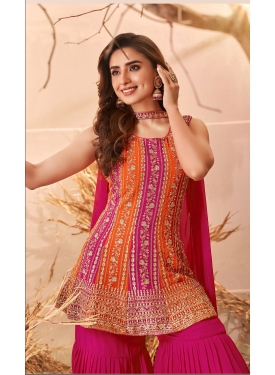 Vibrant Fuchsia & Orange Embroidered Peplum Sharara Set