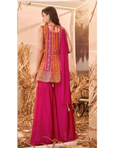 Vibrant Fuchsia & Orange Embroidered Peplum Sharara Set