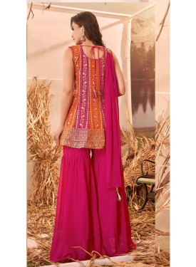 Vibrant Fuchsia & Orange Embroidered Peplum Sharara Set
